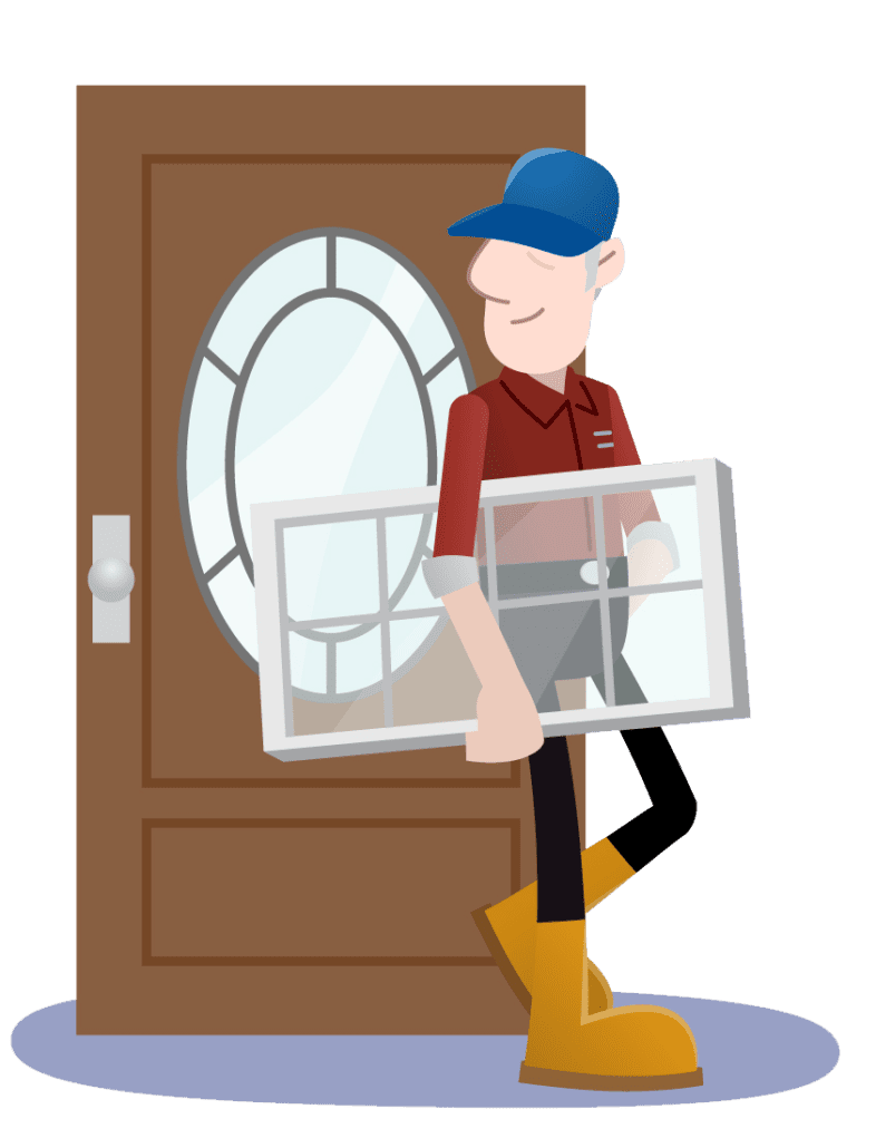 Bashful Bob holding a window, standing in front of a door